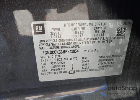 2017 Chevrolet Tahoe Premier из США, поврежденный, VIN 1GNSCCKC3HR242854